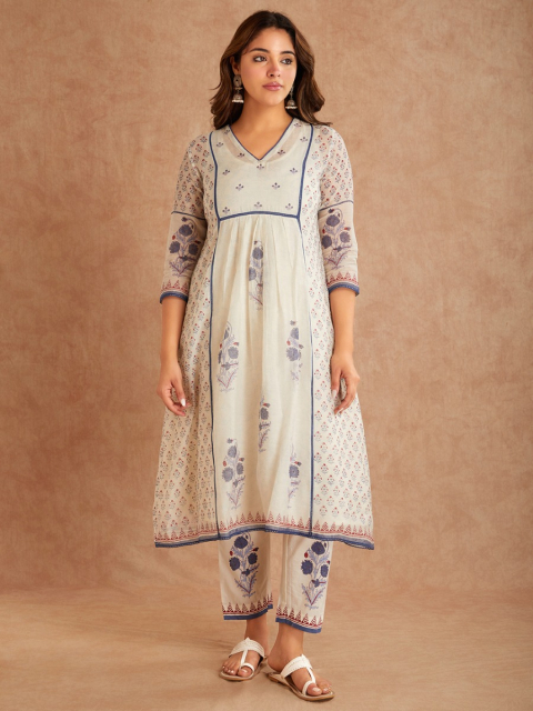 Off-White Blue Chanderi Hand Block Printed V-Neck Kurta with Pants - Set of 2