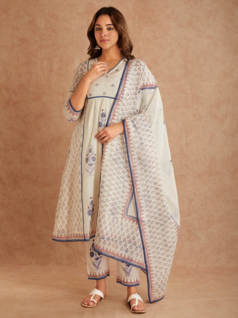 White Chanderi Hand Block Printed Dupatta