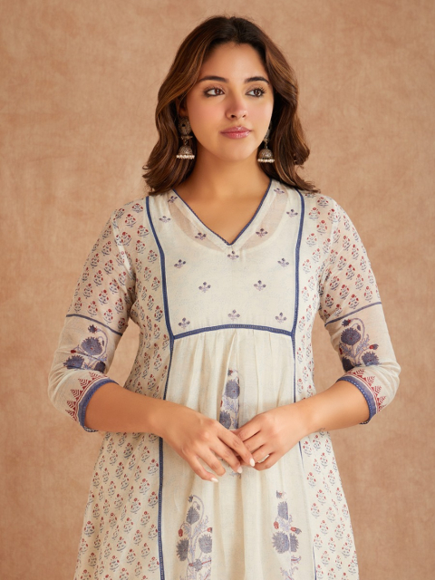 Off-White Blue Chanderi Hand Block Printed V-Neck Kurta with Pants - Set of 2