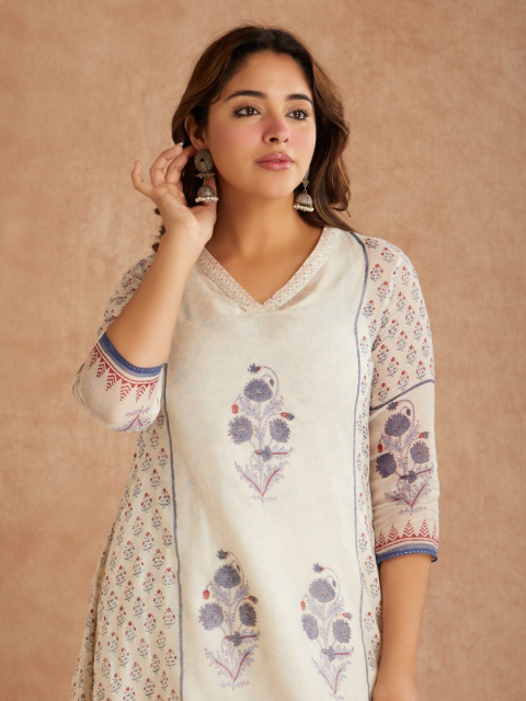 Off-White Blue Chanderi Hand Block Printed V-Neck Kurta with Pants - Set of 2