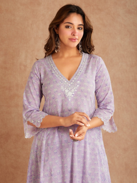 Lilac Mirror Embroidered & Hand Block Printed Cotton V-Neck Kurta with Palazzo - Set of 2