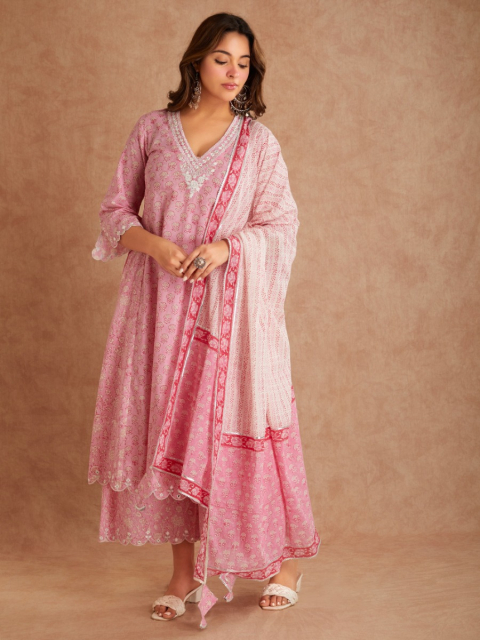 Pink Hand Block Print Cotton Dupatta with Gota Details