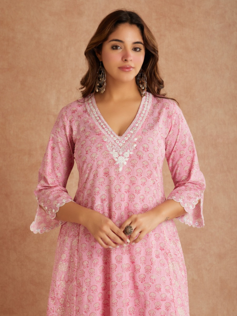 Pink Mirror Embroidered & Hand Block Printed Cotton V-Neck Kurta with Palazzo - Set of 2