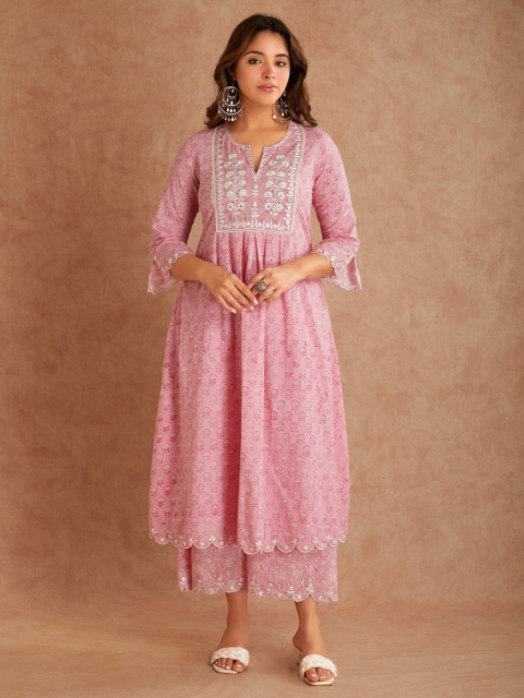 Pink Mirror Embroidered & Hand Block Printed Cotton Round Neck Kurta with Palazzo - Set of 2