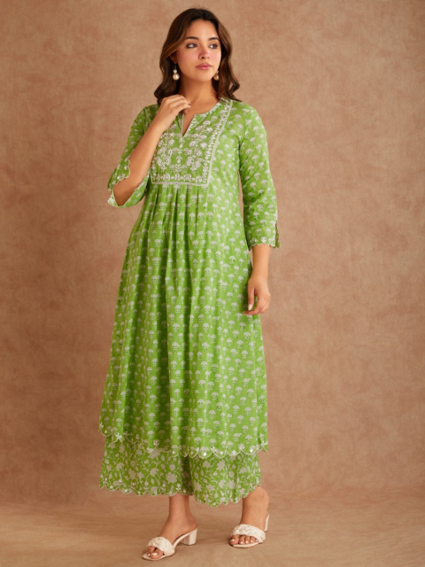 Lime Green Mirror Embroidered & Hand Block Printed Cotton Round Neck Kurta with Palazzo - Set of 2