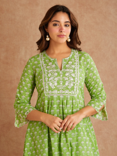 Lime Green Mirror Embroidered & Hand Block Printed Cotton Round Neck Kurta with Palazzo - Set of 2
