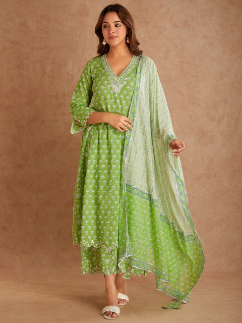 Lime Green Hand Block Print Cotton Dupatta with Gota Details