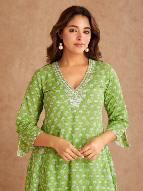 Lime Green Mirror Embroidered & Hand Block Printed Cotton V-Neck Kurta with Palazzo - Set of 2