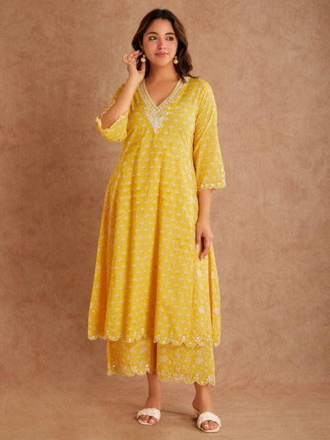Yellow Mirror Embroidered & Hand Block Printed Cotton V-Neck Kurta with Palazzo - Set of 2