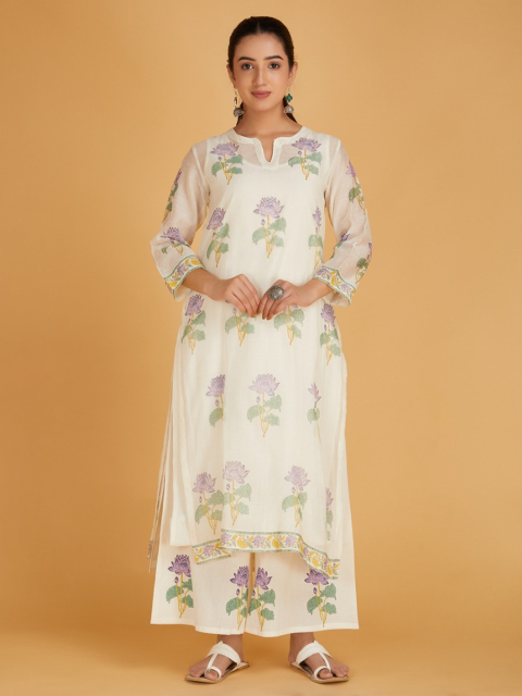 Off-White Purple Hand Block Printed Round Neck Chanderi Silk Kurta with Palazzo - Set of 2