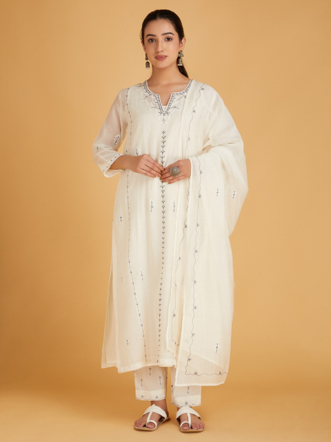 Off-White Grey Aari Embroidered Chanderi Silk Dupatta