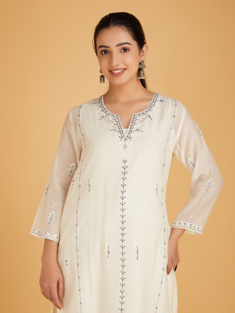 Off-White Grey Aari Embroidered Chanderi Silk Kurta with Slip and Pants- Set of 2
