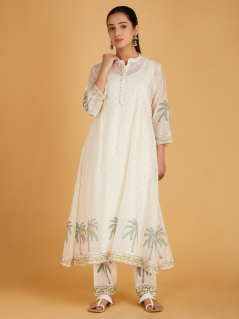 Off-White Purple Hand Block Printed Collar & Placket Chanderi Silk Kurta with Pants - Set of 2