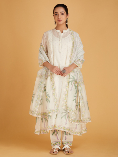 Off-White Purple Hand Block Printed Chanderi Silk Dupatta