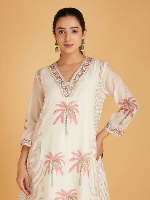 Off-White Red Hand Block Printed V- Neck Chanderi Silk Kurta with Pants - Set of 2