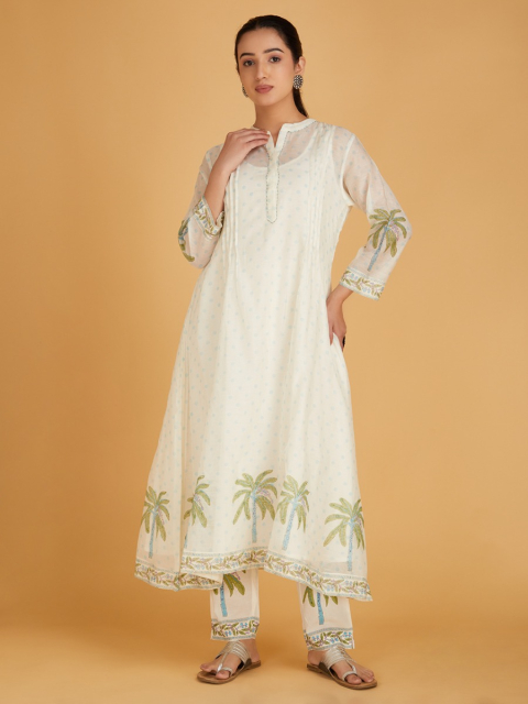 Off-White Green Hand Block Printed Collar & Placket Chanderi Silk Kurta with Pants - Set of 2