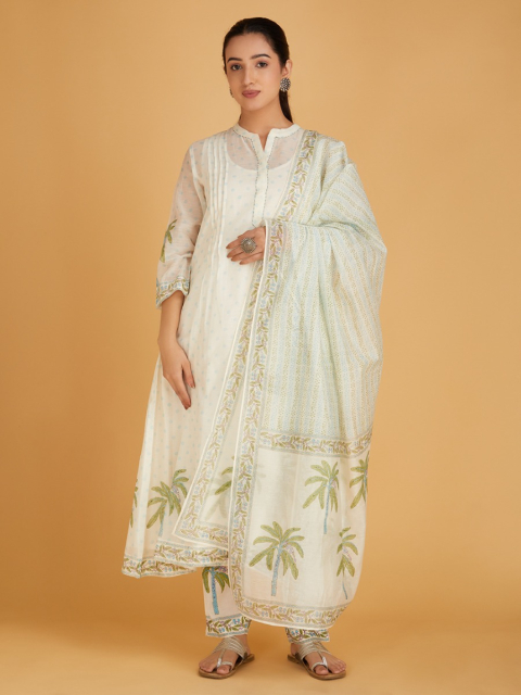 Off-White Green Hand Block Printed Chanderi Silk Dupatta