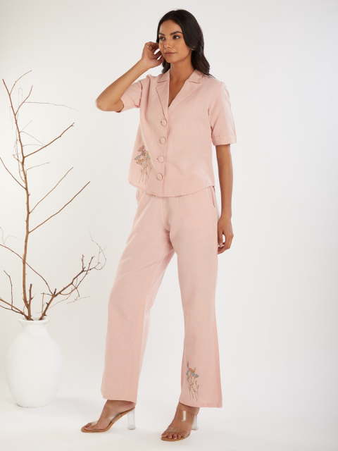 Pink Embroidered Cotton Linen V-Neck Co-Ord Sets - Set of 2