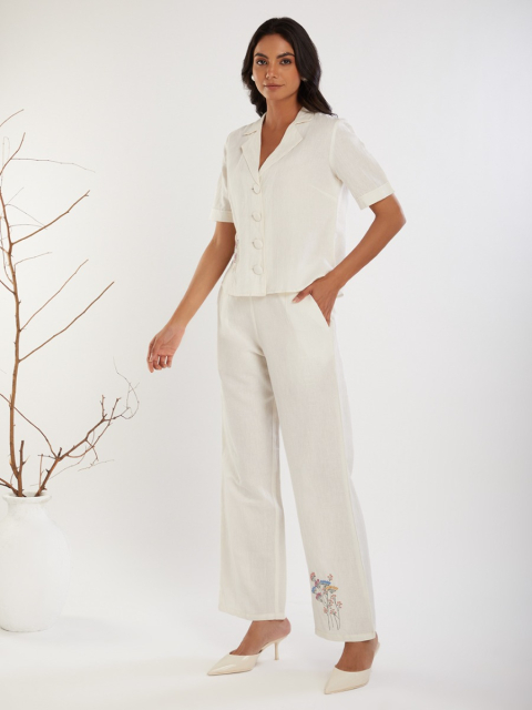White Embroidered Cotton Linen V-Neck Co-Ord Sets - Set of 2