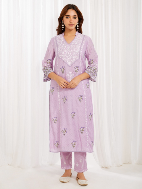 Purple Aari Embroidered Chanderi & Printed Kurta with Pants Set of 2 