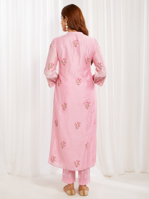 Pink Aari Embroidered Chanderi & Printed Kurta with Pants Set of 2 