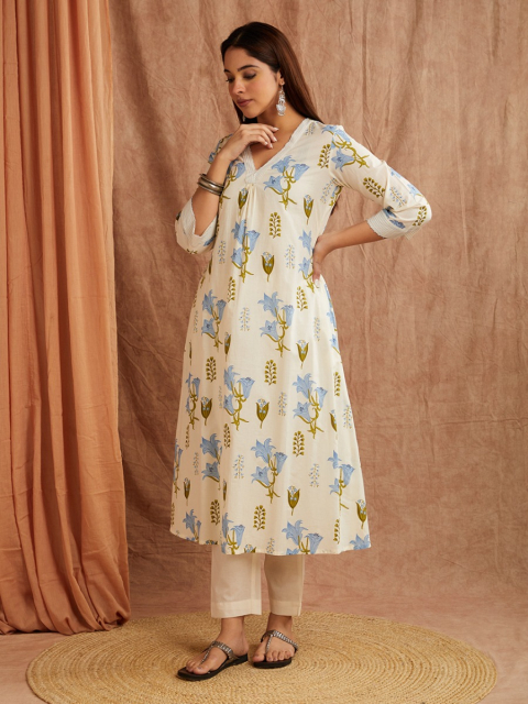 Ivory Blue Printed Printed Co-Ord Set- Set of 2