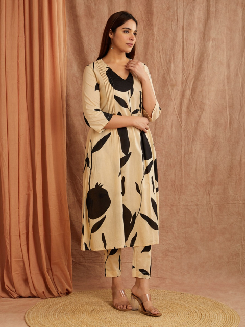 Beige Black Cotton Printed Co-Ord Set- Set of 2