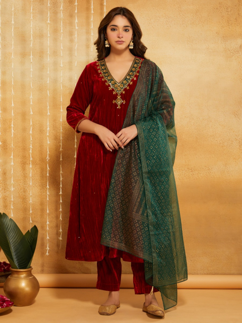 Green Hand Block Printed Viscose Organza Dupatta with Tassel