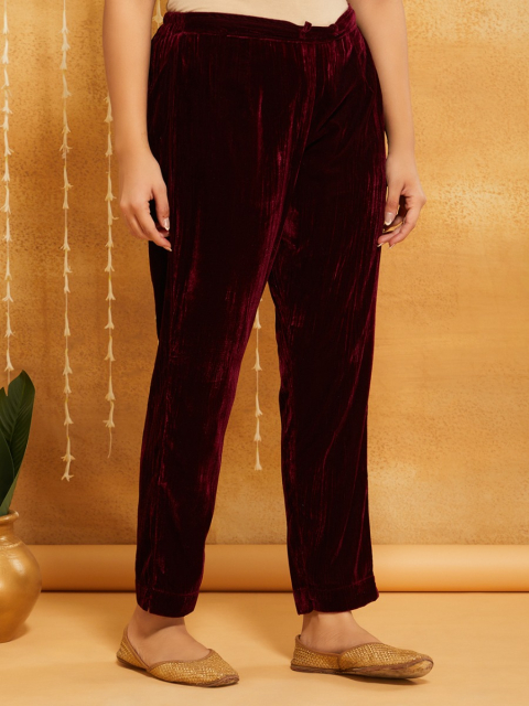 Purple Hand Embroidery Crushed Velvet Round Neck Kurta with Pant- Set of 2