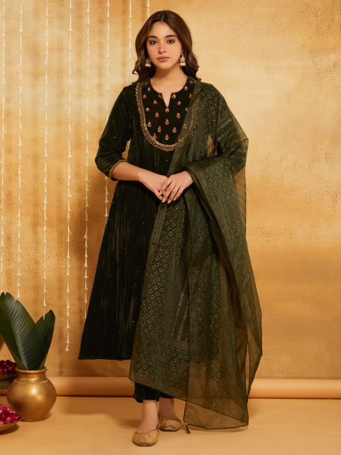 Green Hand Block Printed Viscose Organza Dupatta with Tassel