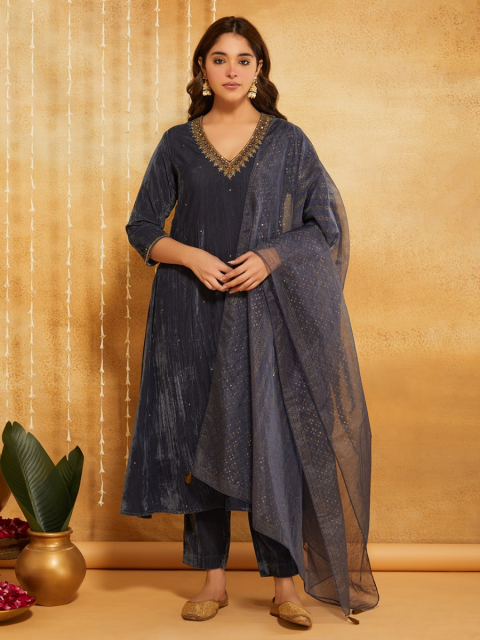 Grey Hand Block Printed Viscose Organza Dupatta with Tassel