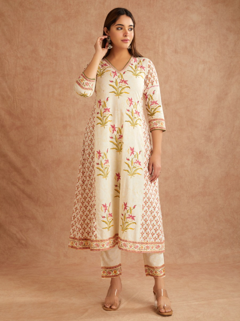 Off-White Pink Hand Block Printed Cotton V-Neck Kurta with Pants - Set of 2