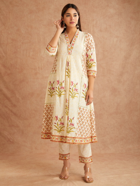 Off-White Pink Hand Block Printed Cotton V-Neck Kurta with Pants - Set of 2