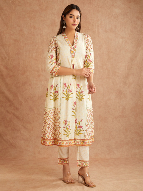 Off-White Pink Hand Block Printed Cotton V-Neck Kurta with Pants - Set of 2