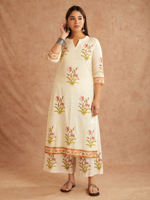 Off-White Pink Hand Block Printed Cotton Round Neck Kurta with Pants - Set of 2
