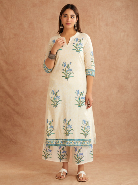 Off-White Blue Hand Block Printed Cotton Round Neck Kurta with Pants - Set of 2