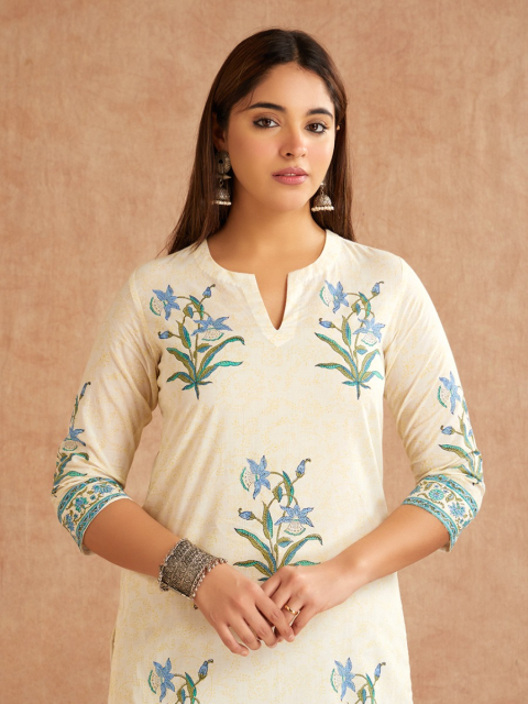 Off-White Blue Hand Block Printed Cotton Round Neck Kurta with Pants - Set of 2