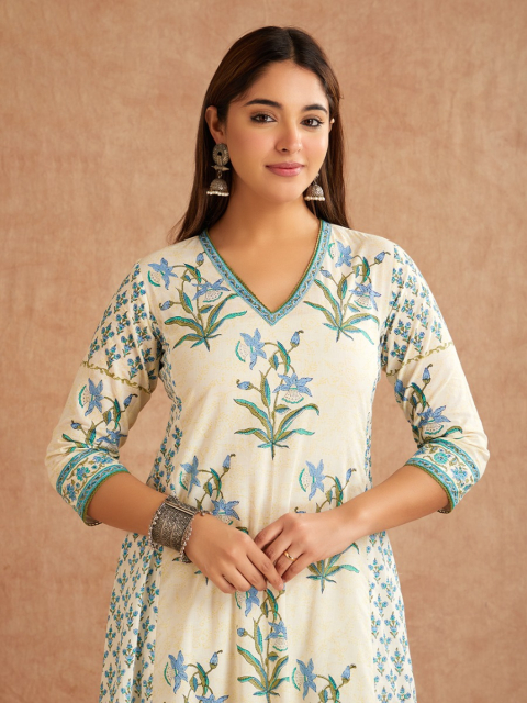 Off-White Blue Hand Block Printed Cotton V-Neck Kurta with Pants - Set of 2