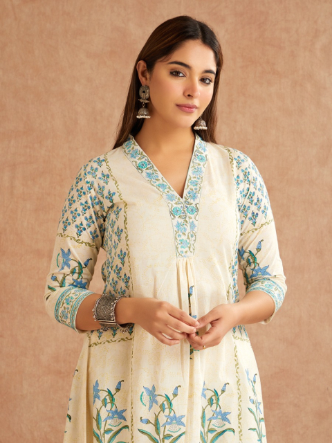 Off-White Blue Hand Block Printed Cotton V-Neck Kurta with Pants - Set of 2