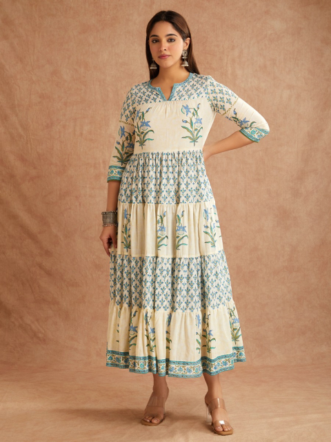 Off-White Blue Hand Block Printed Cotton Round Neck Dress