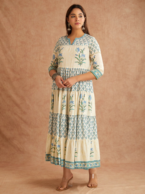 Off-White Blue Hand Block Printed Cotton Round Neck Dress