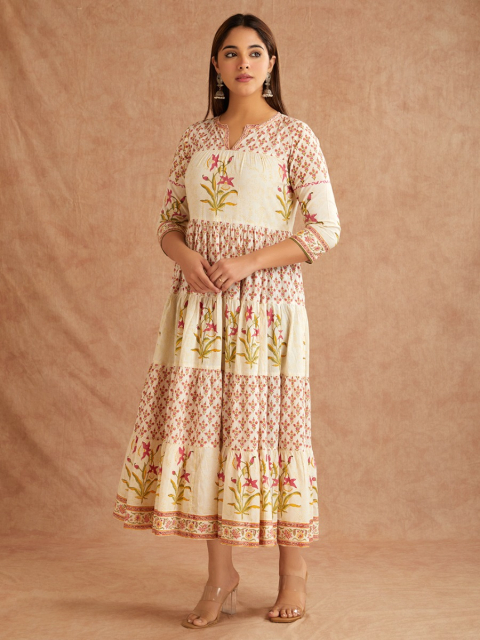 Off-White Pink Hand Block Printed Cotton Round Neck Dress