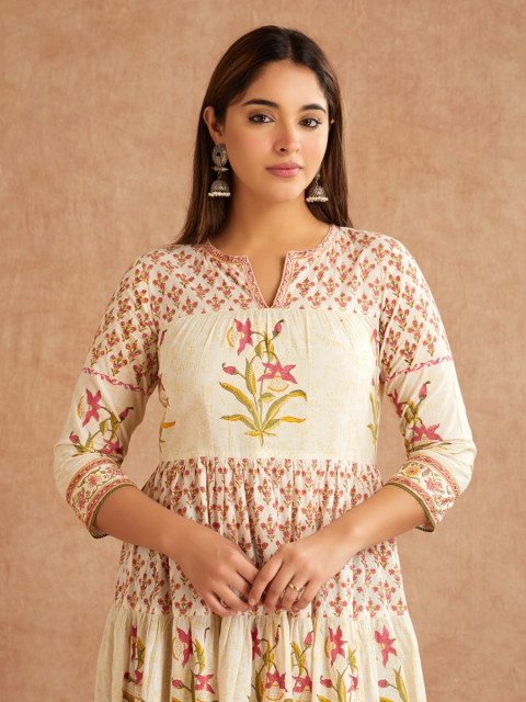 Off-White Pink Hand Block Printed Cotton Round Neck Dress