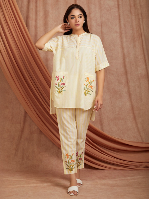 Off-White Yellow Hand Block Printed Cotton Kaftan with Pants - Set of 2