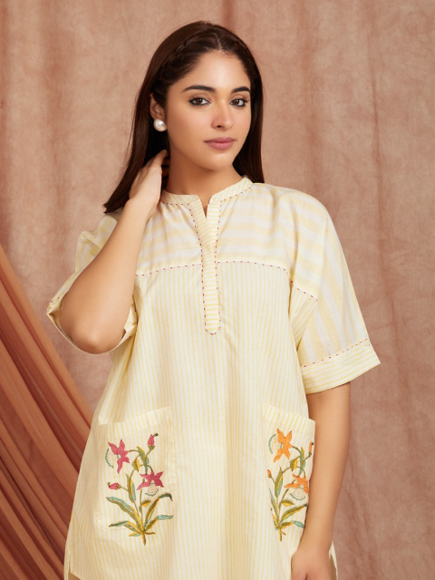 Off-White Yellow Hand Block Printed Cotton Kaftan with Pants - Set of 2