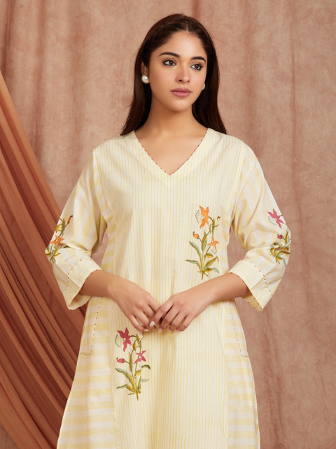 Off-White Yellow Hand Block Printed Cotton V-Neck Kurta with Pants - Set of 2