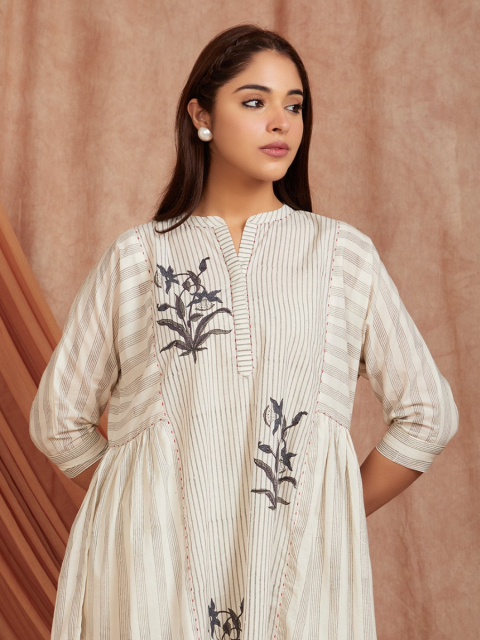 Off-White Grey Hand Block Printed Cotton Kaftan with Pants - Set of 2