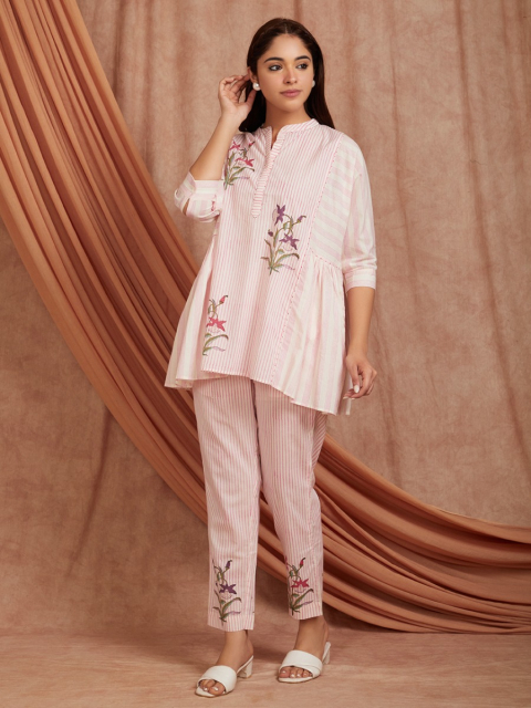 Off-White Pink Hand Block Printed Cotton Kaftan with Pants - Set of 2