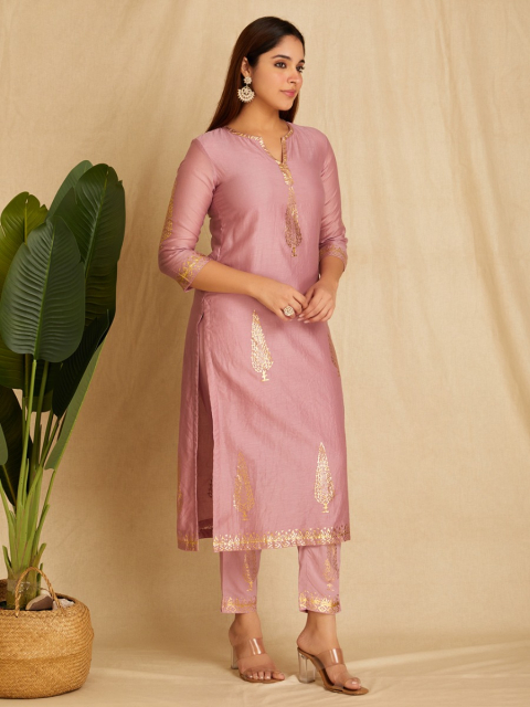 Old Rose Foile Printed Chanderi Straight, Round Neck Kurta with Pants Set of 2