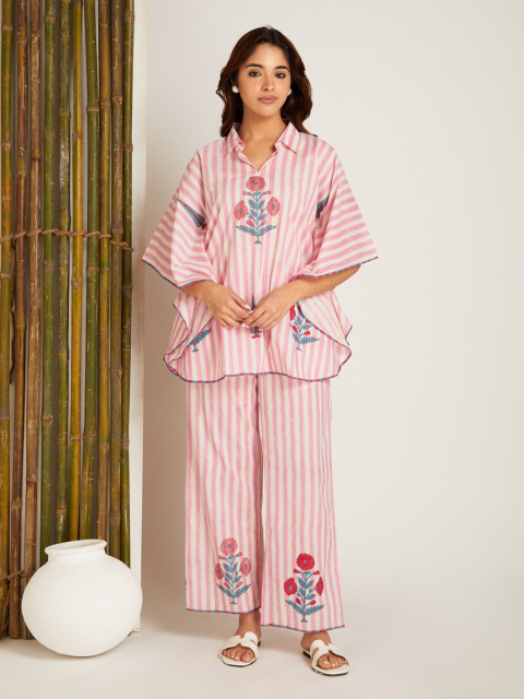 Pink Hand Block Printed Cotton Kaftan with Pants - Set of 2